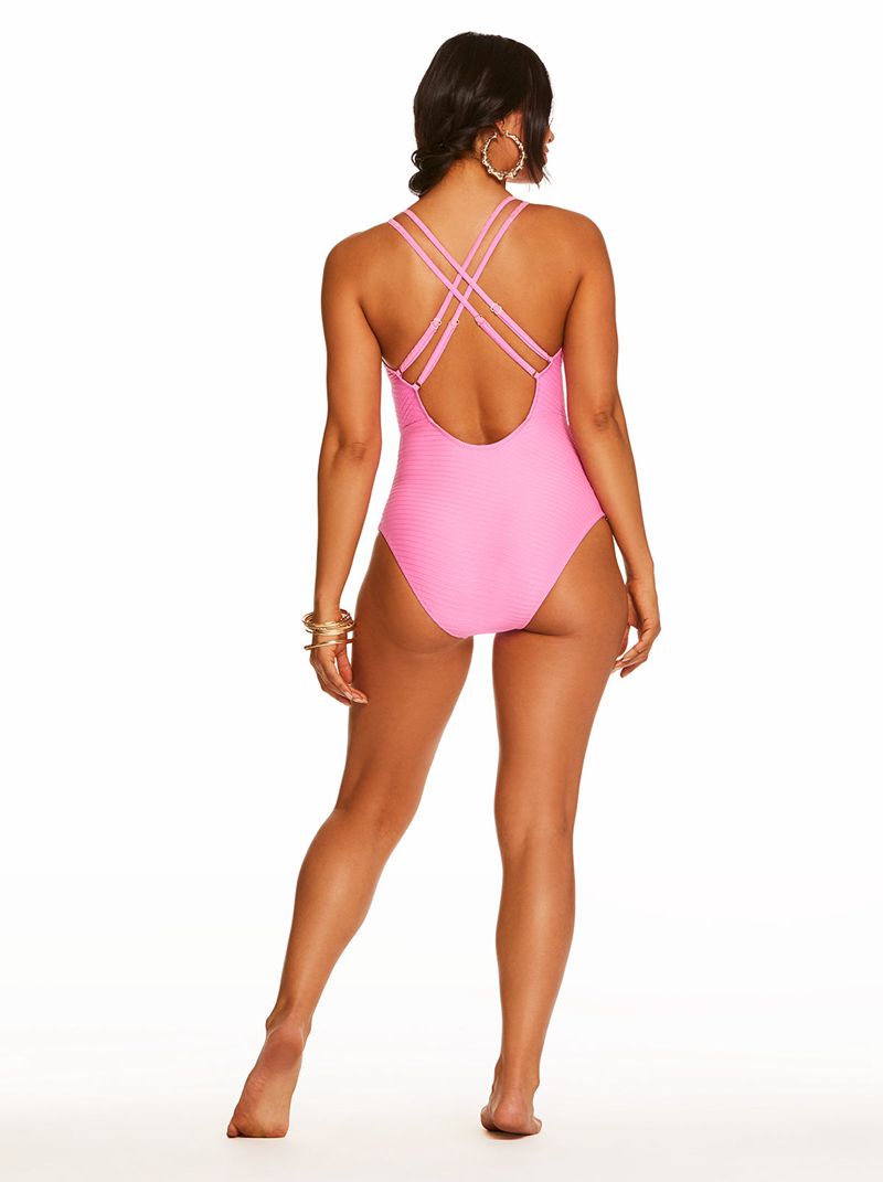 One Piece Jessica Simpson Pretty In Pique Plunge Feminino Rosa | 41893RCIH